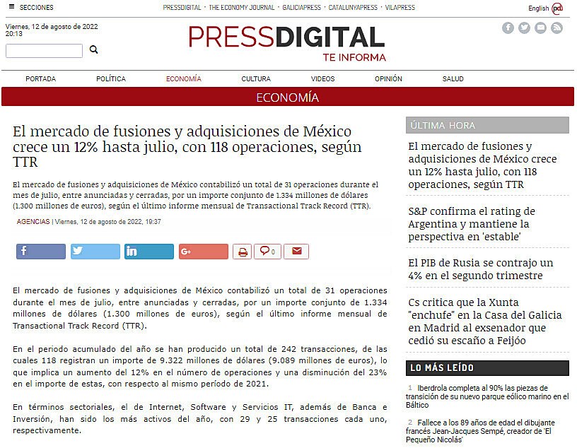 El mercado de fusiones y adquisiciones de Mxico crece un 12% hasta julio, con 118 operaciones, segn TTR